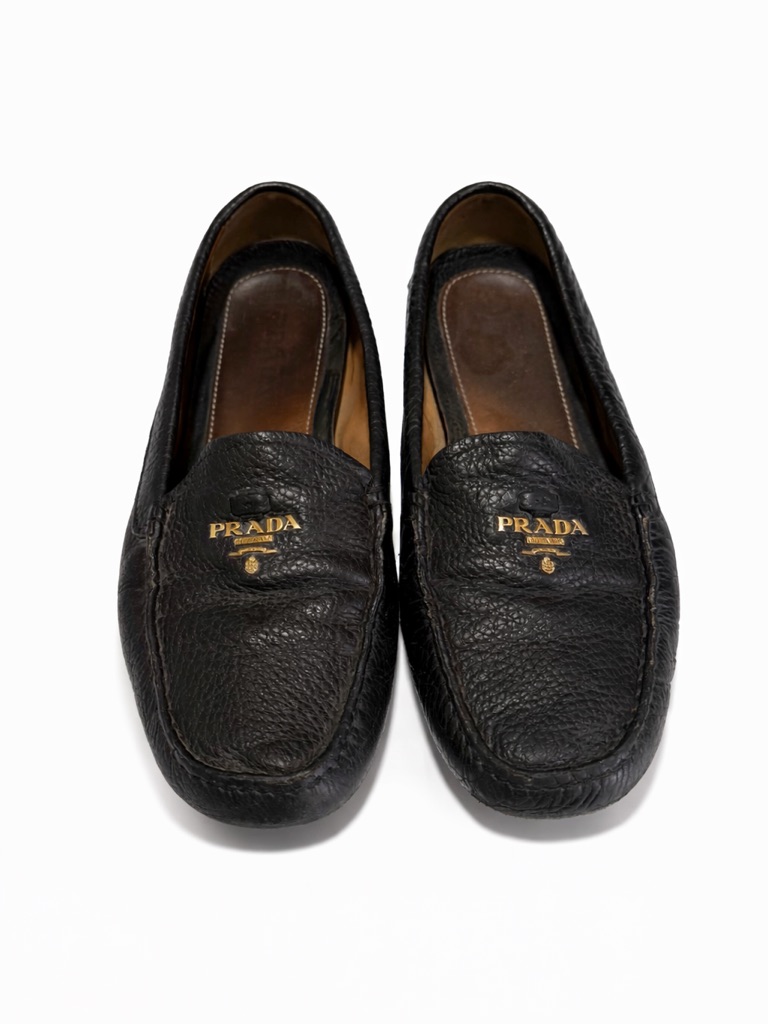 Prada Black Pebbled Leather Logo Penny Loafers With Gold Hardware